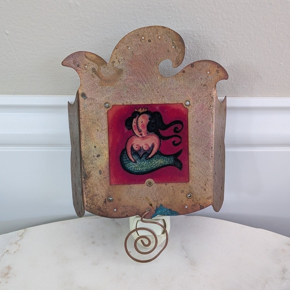 Vtg J. El-Hai Mermaid Copper Night Light Whimsical Folk Art Wall Plug-In Rare - Picture 2 of 8